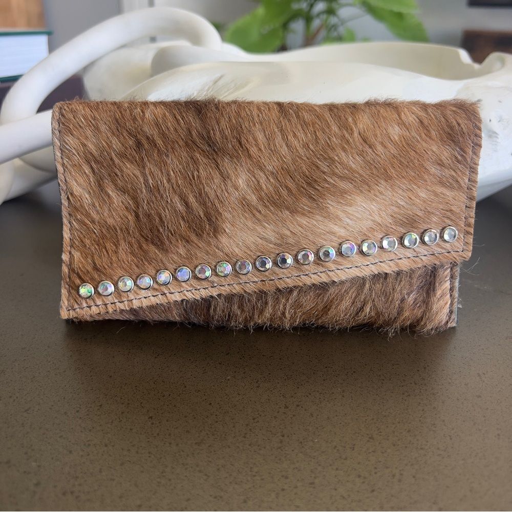 RAVIANI GARLAND TX Vintage Brown Cowhide Fur Clutch with Rhinestone Trim